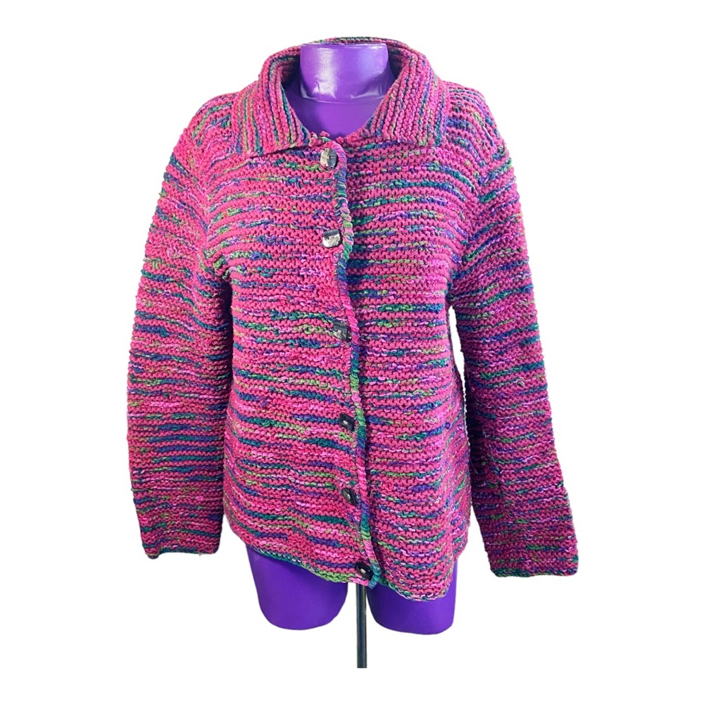 Women's Pink Multi-Color Knit Button-Front Cardigan